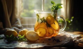 A pitcher of lemonade with a few slices of lemon in it photo