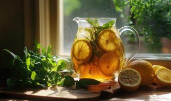 A pitcher of lemonade with a bunch of mint leaves and lemons on a table photo