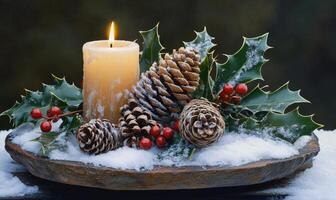 A candle is lit in front of a Christmas tree photo