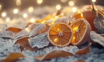 Two oranges with a frosted surface on top of a snowy ground photo