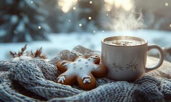 A white mug with a snowflake design sits on a blanket next to a gingerbread man photo