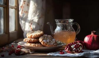 A plate of cookies sits on a table next to a pitcher of tea photo