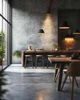 A kitchen with a counter and a table photo