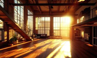 A large open room with a staircase and a couch photo