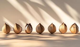 A row of nuts are on a table photo