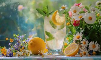 A glass of lemonade with a slice of lemon in it photo