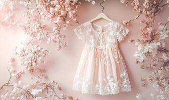 A pink dress with lace hanging from the top photo