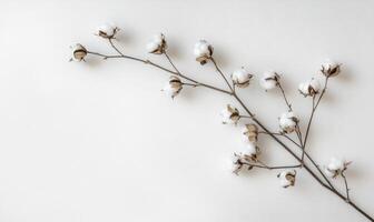A white background with a branch of cotton flowers photo