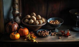 A table with a bowl of nuts, a bowl of nuts, a bowl of nuts, a bowl of nuts photo