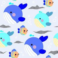 a seamless pattern blue whale and fish background design vector