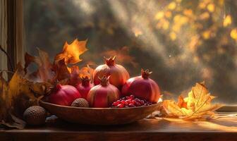 A bowl of pomegranates and leaves sits on a table photo