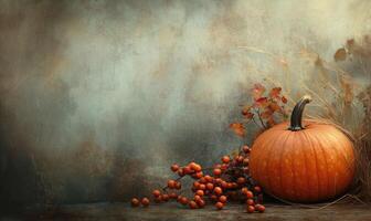 A pumpkin is on a table with some berries photo
