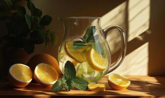 A pitcher of water with a few slices of oranges and a sprig of mint photo