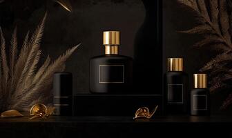 A black bottle of perfume is on a table with other bottles photo
