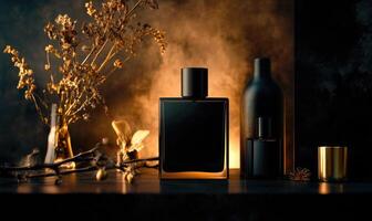 A bottle of cologne is on a table next to a vase of flowers photo