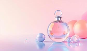 A bottle of perfume is on a table with a pink background photo