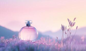 A bottle of perfume is on a grassy field photo