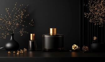 A black bottle of perfume is on a table next to a vase photo