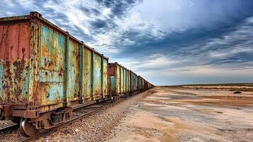 Rusty Freight Train Cars Under a Cloudy Sky photo