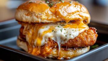 A delicious cheeseburger is seen close up and ready to eat photo