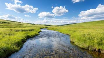 Clean water stream flowing in green grass field under cloudy sky photo