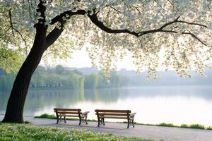 Benches under blooming cherry tree overlooking Tidal Basin in Washington, D.C photo