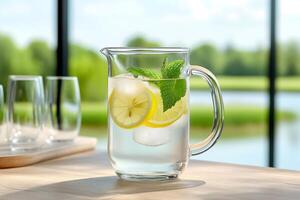 Refreshing water with lemon and mint in a glass jug photo