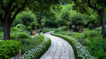 Winding stone path through a lush green garden with white flowers photo