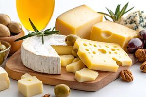 Various types of cheese lying on wooden board with olives, nuts and rosemary photo