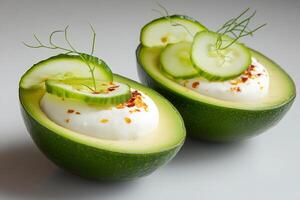 Sliced avocado with yogurt, cucumber and chili flakes creating a healthy appetizer photo