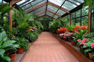 Lush greenery thriving inside greenhouse with tiled pathway photo