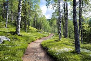 Winding dirt path through lush green forest with birch trees and flowering ground cover photo