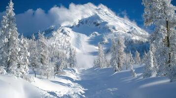 Avalanche flowing down a mountainside in a snowy forest photo