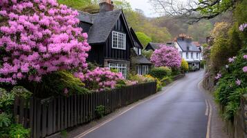 Rhododendrons blooming along a picturesque road in the charming village of Portmeirion, Wales photo