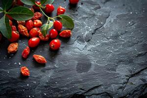 Fresh and dried rose hips arranged on a dark slate surface photo