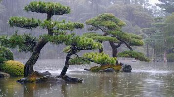 Heavy rain falling on bonsai trees in a japanese garden pond photo