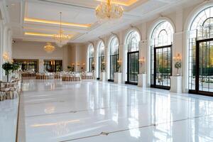 Elegant ballroom with round tables and crystal chandeliers is awaiting guests photo
