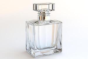 Elegant crystal perfume bottle standing on white background. photo