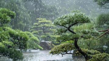 Bonsai tree getting wet in the rain in a japanese garden photo