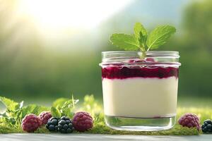 Yogurt with berries and mint leaves on a moss table photo