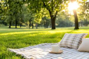 Relaxing picnic setup with pillows and coffee cup enjoying golden hour sunlight in a peaceful park photo