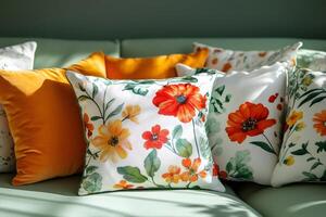 Decorative pillows with floral patterns are lying on a green sofa photo