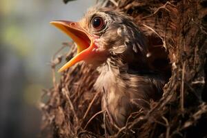 Baby bird chirping in nest waiting for food. photo