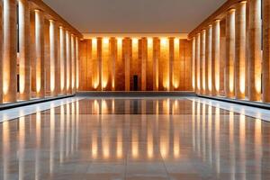 Impressive modern architecture with columns reflecting on shiny floor photo