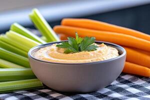 Bowl of hummus with parsley, celery and carrot sticks on checkered tablecloth photo