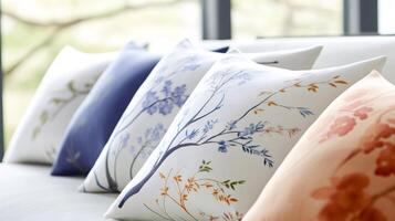 Decorative pillows with floral and tree branch prints resting on a modern sofa photo
