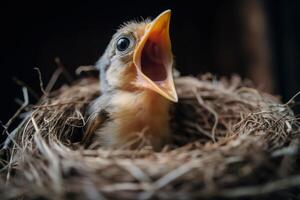 Baby bird chirping in nest waiting for food... photo