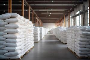 White sacks neatly stacked on pallets filling warehouse storage space. photo