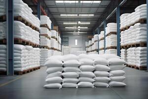 White sacks neatly stacked on pallets filling warehouse storage space photo