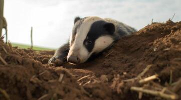 European badger resting on a mound of earth in its natural environment photo
